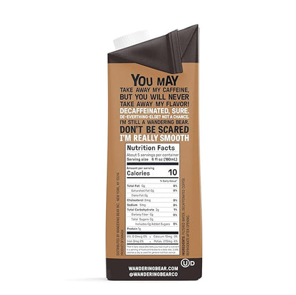 Wandering Bear Decaf Cold Brew Coffee, 32 fl oz, 6 pack - Extra Strong, Bold, Smooth, Unsweetened, Shelf-Stable, Ready to Drink, Iced Cold Brewed Coffee Drinks - Gluten Free & Vegan Decaf