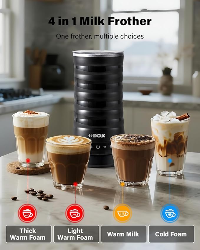 GDOR Milk Frother and Steamer, 4 in 1 Milk Steamer, 10oz Large Capacity, Cold Foam Maker, Hot Chocolate Maker, Frother for Coffee, Latte, Macchiato, Cappuccino, Black