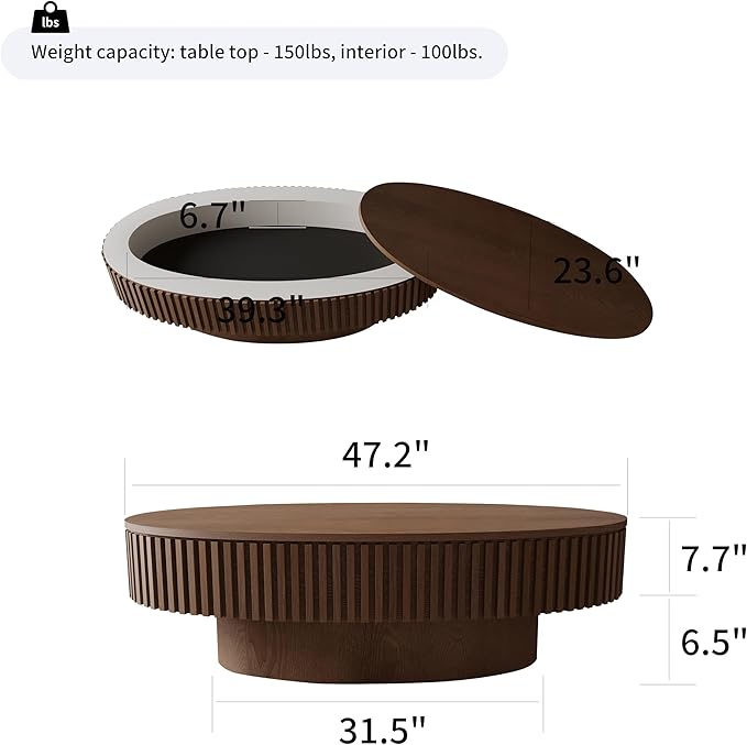 47 Inch Oval Drum Coffee Table with Storage, Handcraft Fluted Drum Coffee Table, Modern Wooden Oval Cocktail Tea Table Center Table with Sturdy Pedestal for Living Room Apartment (Walnut)
