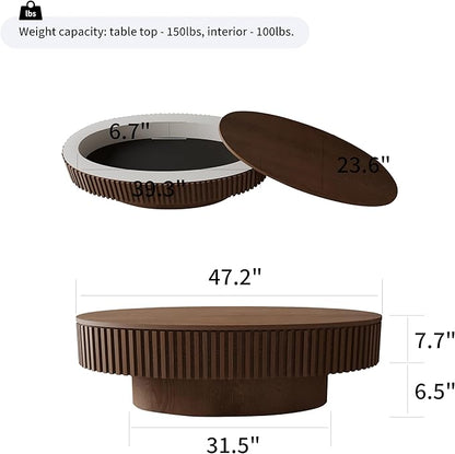 47 Inch Oval Drum Coffee Table with Storage, Handcraft Fluted Drum Coffee Table, Modern Wooden Oval Cocktail Tea Table Center Table with Sturdy Pedestal for Living Room Apartment (Walnut)