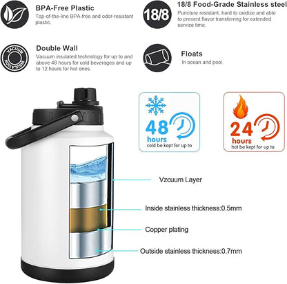 Sursip One Gallon Insulated Water Jug wtih Straw,128 Oz Large Sports Water Bottle Stainless Steel Thermos Hot & Cold Drinks for Travel, Hiking, Camping 1 Gallon Jug (Grey)