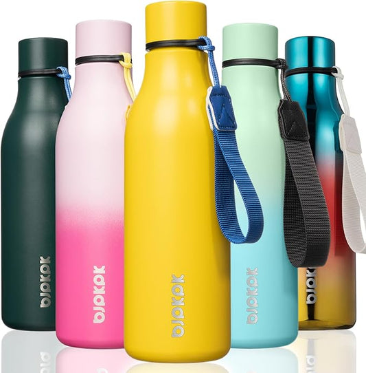BJPKPK Insulated Water Bottles, 18 oz Stainless Steel Metal Water Bottle with Strap, BPA Free Leak Proof Jugs, Mugs, Flasks, Reusable Thermal Flasks for Sports & Travel, Yellow