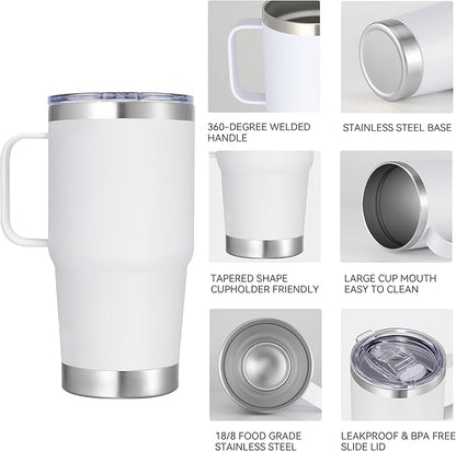 20 oz Stainless Steel Tumbler with Handle Bulk Metal Insulated Tumblers Travel Coffee Mug with Handle Double Wall Tumbler Cup with Lid and Straw, White 12 Pack