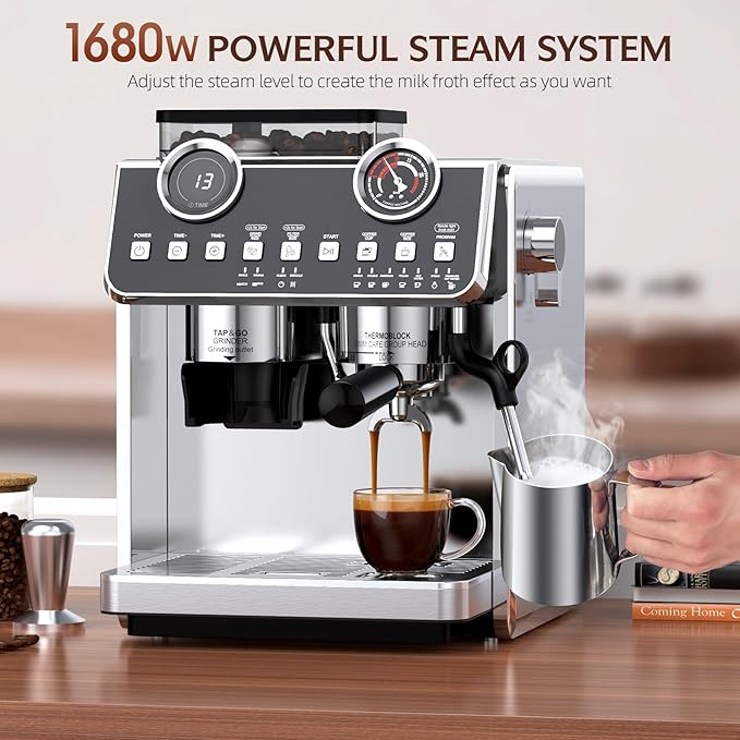 Espresso Machine with Grinder, 20 Bar Pressure Professional Espresso Maker with 30 Grinding Settings, 58mm Portafilte, Anti-scalding Milk Frother Steam Wand for Latte Cappuccino (Stainless Steel)
