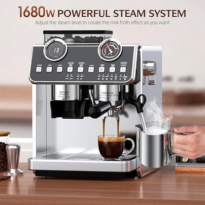 Espresso Machine with Grinder, 20 Bar Pressure Professional Espresso Maker with 30 Grinding Settings, 58mm Portafilte, Anti-scalding Milk Frother Steam Wand for Latte Cappuccino (Stainless Steel)