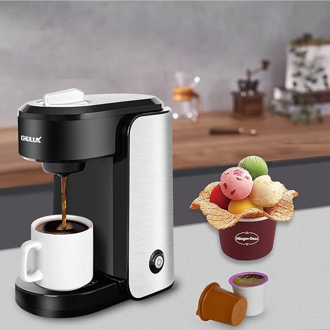 CHULUX Single Serve Coffee Maker, 1000 Watts Single Cup Stainless Steel Coffee Machine for Capsule and Ground Coffee with Graduated Water Tank, One Button Operation