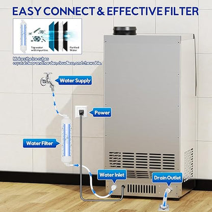Commercial Ice Maker Machine, 110Lbs/24H, 30Lbs Storage, 36Pcs Clear Ice Cubes in 10-15Mins, Stainless Steel Under Counter or Freestanding Ice Machine - 2 Water Inlet Modes, for Home Party Office