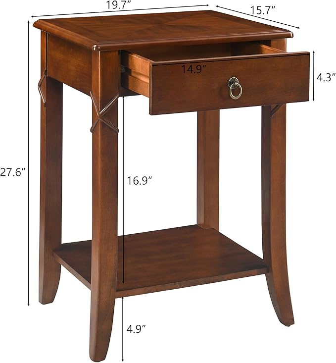 PADMA HOUSE Solid Wood End Table with Drawer & Shelf, Rectangle Sofa Side Table with Dual-Hourglass Tabletop Mid-Century Apartment Bedside Table for Living Room Bedroom,19.7 * 15.7 * 27.6in