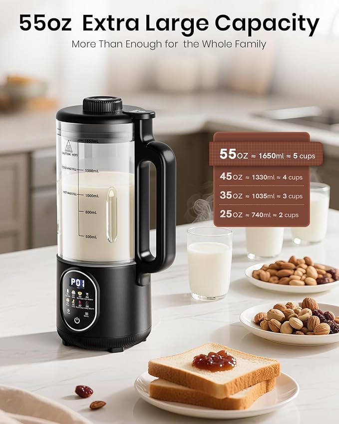 Upgraded 55oz (Extra Large) Nut Milk Maker Machine for Almond,Oat, Soy Milk Maker Machine with Auto Clean, Delay Start, BoilWater, Keep Warm (5-6 Cups),Black