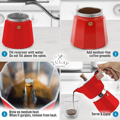 Zulay Kitchen Stovetop Espresso Maker - Moka Pot 6 Espresso Cups - Percolator Coffee Maker for Classic Cuban & Italian Style Espresso - Portable Coffee Maker for Camping & Travel - (Red)