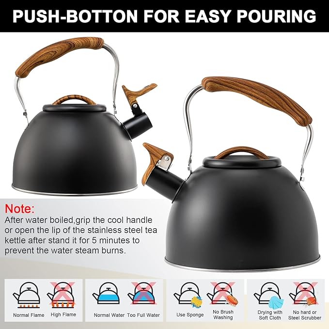 3.2 Quart Whistling Tea Kettle for Stove Top Stainless Steel Tea Pots With Wood Pattern Anti-slip Handle, Black…