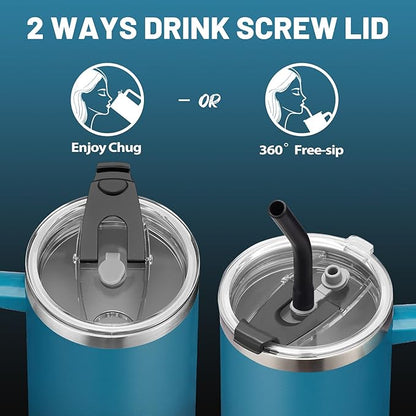 40 oz Tumbler with Handle and Straw Spout Lid - 100% Leak-proof Travel Coffee Cup, BPA Free Metal Mug, Vacuum Insulated Water Bottle- (Cold-34H & Hot-10H), Straw Cover, Silicone Boot