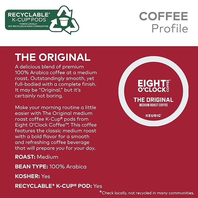 Eight O'Clock Coffee The Original, Keurig Single Serve K-Cup Pods, Medium Roast, 72 Count (6 Packs of 12)