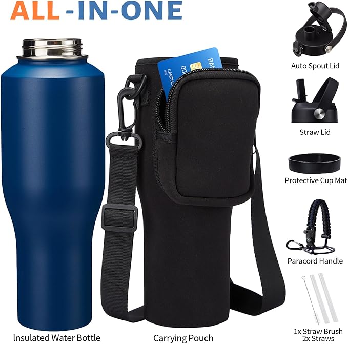 40oz Water Bottle with Straw - Vacuum Stainless Steel Insulated Cups w/Survival Paracord Handle & Carrier Bag, Skinny Water Bottle Insulated Water Bottle Fits in Cup Holder for Travel Drive