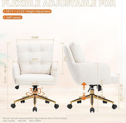 Flannel Office Chair Vanity Chair Comfy Home Office Desk Chairs with Lumbar Support, Modern Plush Fabric Desk Gold Legs Swivel Task for Home Office Bedroom Study White Upgraded Version