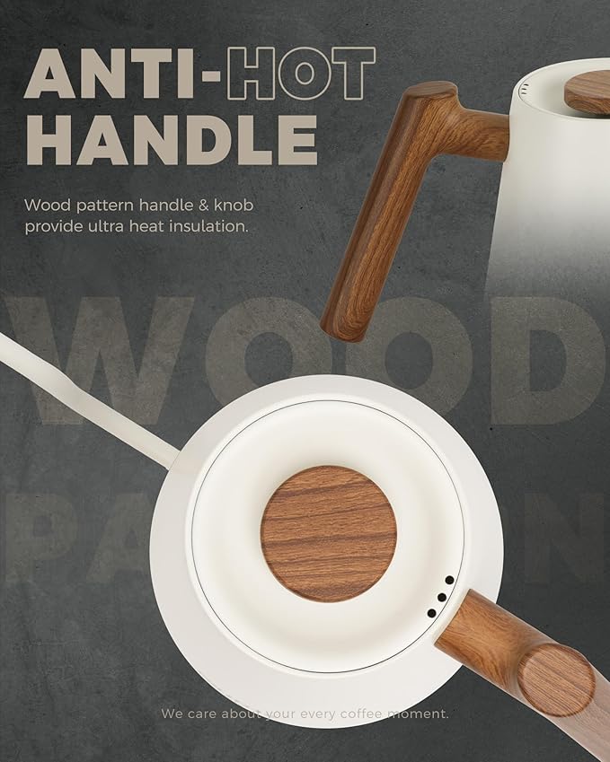 POLIVIAR Electric Gooseneck Kettle, 1350W Electric Tea Kettle Wood Pattern Handle, 34oz Pour Over Electric Kettle for Coffee & Tea, 18/8 Stainless Steel Inner, Temperature Control & Rapid Heating