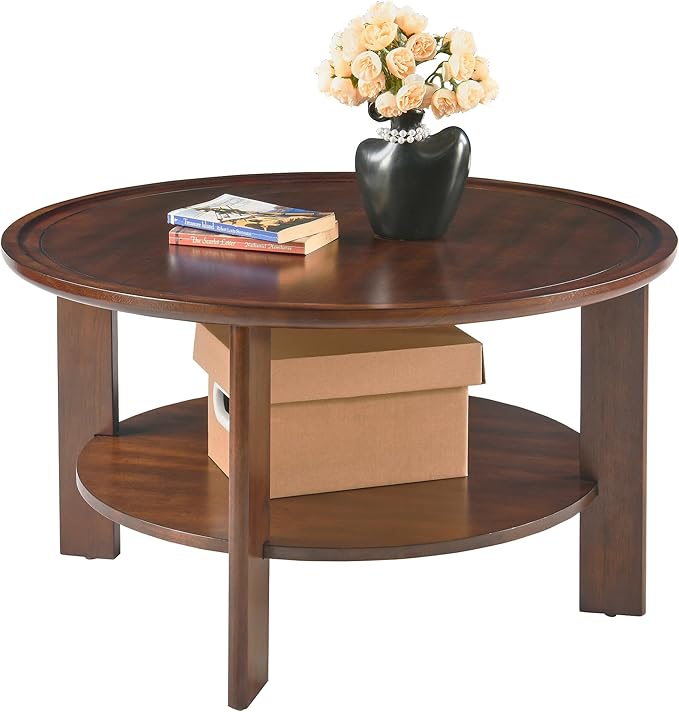 MODERION Round Tray Top Coffee Table with Storage Shelf, Farmhouse Wood Cocktail Tables, Living Room Center Tea Table-, 31.9" Dia x 17.7" H, Easy Assembly Dark Cherry Red YKFZ-D0036-DCR