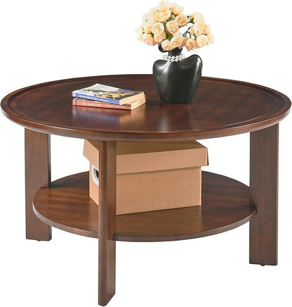MODERION Round Tray Top Coffee Table with Storage Shelf, Farmhouse Wood Cocktail Tables, Living Room Center Tea Table-, 31.9" Dia x 17.7" H, Easy Assembly Dark Cherry Red YKFZ-D0036-DCR