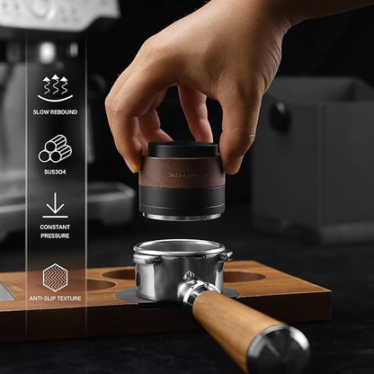 CrossCreek 54mm Espresso Tamper | Slow-Rebound Tamping Tools Fits 54mm Breville Barista Espresso Portafilter | Spiral-Pattern Base | Stainless Steel & Walnut Tamper | Espresso Machine Accessories