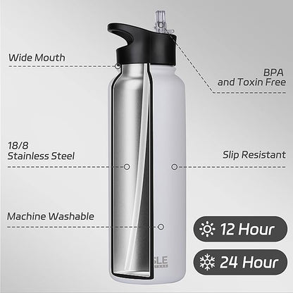HASLE OUTFITTERS 40oz Stainless Steel Water Bottle, Vacuum Insulated Double Walled Leak Proof Sports Water Bottle with 2 Lids (Straw and Spout Lid) Thermo Mug Keep Cold and Hot(White,1)