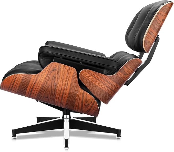 Premium Black Grain Leather, Mid Century Modern Chaise Lounge & Ottoman Set, Classic Design Chair, Heavy Duty Base Support for Living Room, Lounge, Office, Palisander Wood（Palisander-black, Upgraded)