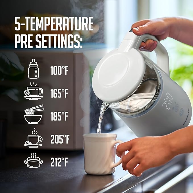 OVENTE Electric Kettle with 5 Temperature Control Presets, LED Digital Display, 5Hr Keep Warm Function, Auto Shut-Off and Boil Dry Protection, 1500W BPA Free Glass Water Heater and Boiler, White KD95W