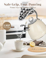 Load image into Gallery viewer, Harriet Tea Kettle Stovetop, 2.5 Quart Whistling Stainless Steel Tea Pot, 3-Layer Base, Unique Ergonomic Handle, Includes Pot Holder &amp; Mat, Electric/Induction/Gas Stovetops Applicable, Beige White