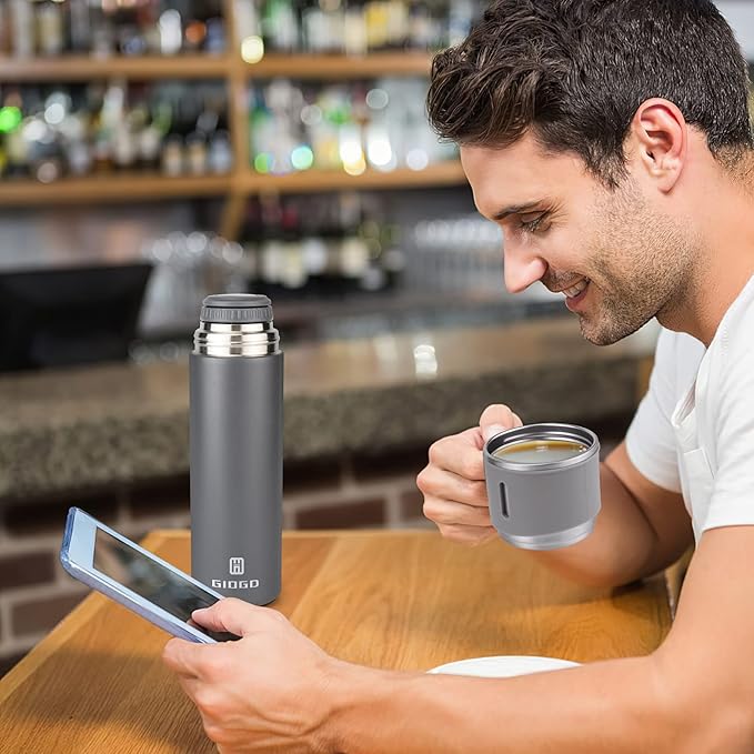 Stainless Steel Thermo 500ml/16.9oz Vacuum Insulated Bottle with Cup for Coffee Hot drink and Cold drink water flask.(Gray,Set)