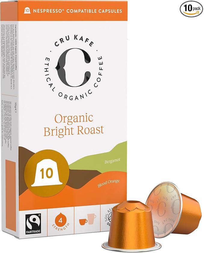 Cru Kafe Bright Roast USDA Organic Espresso Coffee Capsules (10 Pods) Fairtrade Coffee Pods Compatible with Nespresso Original Line and Pixie Machines