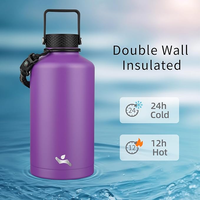 Insulated Water Bottle with Straw,87 oz 3 Lids Water Jug with Carrying Bag,Paracord Handle,Double Wall Vacuum Stainless Steel Metal Flask,Purple