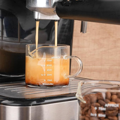 BCnmviku 4 PACK Espresso Glass Measuring Cup Triple Pitcher Milk Cup 75ML Espresso Cups with Handle Shot Glass with V-Shaped Mouth Clear Accessories Milk Frothing Pitcher (4)