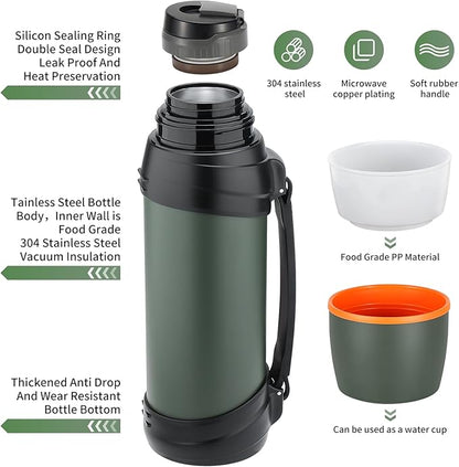 Large Thermosflask- 85oz Stainless Steel Insulated Bottle for Travel with BPA Free Cup - 2.5L Oversized Vacuum Insulated Thermoses with Handle and Strap for Hot & Cold Drinks(Green)