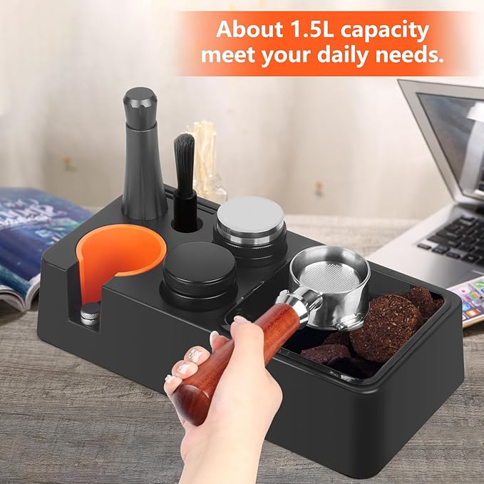 Espresso Knock Box with Storage – 3-in-1 Coffee Organizer & Espresso Tamping Station for 51mm, 53mm, 58mm Tamper – Non-Slip Base, Removable Knock Bin – Barista Accessories Holder for Espresso Machine