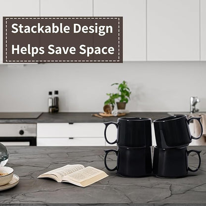 Large Coffee Mugs Set of 4, 19 oz Stackable Ceramic Coffee Mug, Coffee Cups with Large Handle for Latte, Cappuccino, Milk, Tea, Dishwasher & Microwave Safe, Ideal for Men, Women - Black