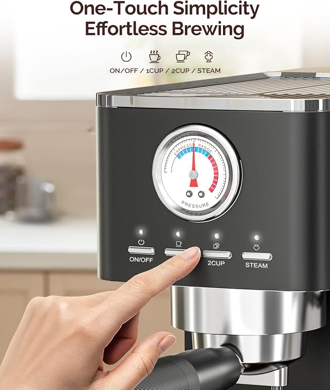 Maestri House Espresso Machine, 20 Bar ULKA Pump, Compact Espresso Maker Built-in Flow Meter Steam Milk Frother, Stainless Steel Coffee Machine for Cappuccino, Latte (Black)