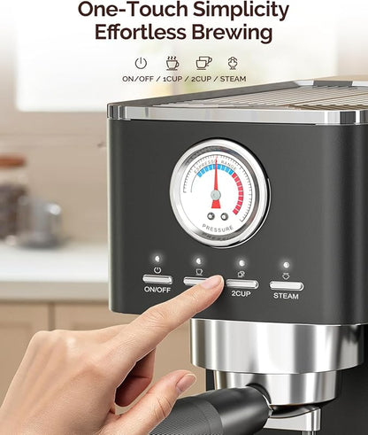 Maestri House Espresso Machine, 20 Bar ULKA Pump, Compact Espresso Maker Built-in Flow Meter Steam Milk Frother, Stainless Steel Coffee Machine for Cappuccino, Latte (Black)