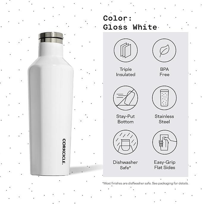 Corkcicle Classic Canteen Insulated Water Bottle - Stainless Steel Reusable Tumbler - Triple Insulated - Keeps Drinks Cold 25 Hours or Hot 12 Hours - Cupholder Friendly - Gloss White - 16 oz