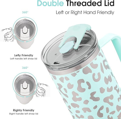COKTIK 40 oz Tumbler With Handle and Straw Lid, Vacuum Insulated Travel Coffee Mug Stainless Steel Insulated Cup for Beverages, Leak-proof, Cupholder Friendly (Seafoam Leopard)