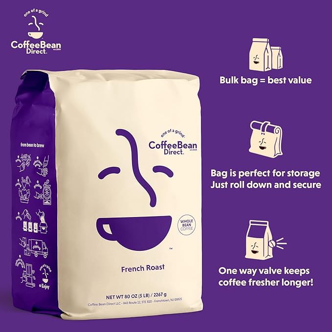 Coffee Bean Direct French Roast, Whole Bean Coffee, Dark Roast, 5 Pound Bag (Pack of 1)