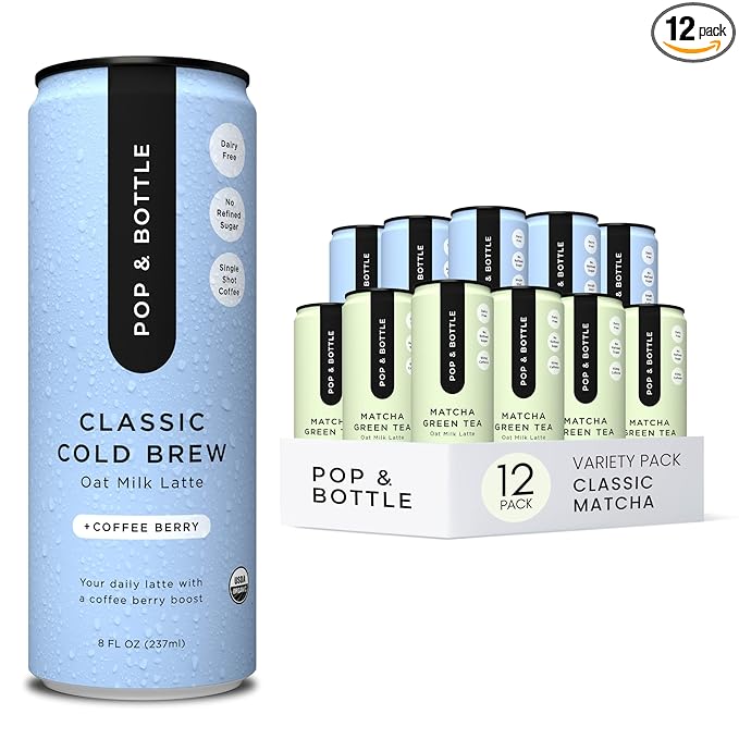 Pop & Bottle, Classic and Matcha Oat Milk Lattes - Reishi and Maitake Mushrooms, Green Tea, Cold Brew, Coffee Berry, MCT Oil, Organic, Dairy & Gluten Free, Vegan - 8 Fl Oz, (Pack of 12), 6 Each
