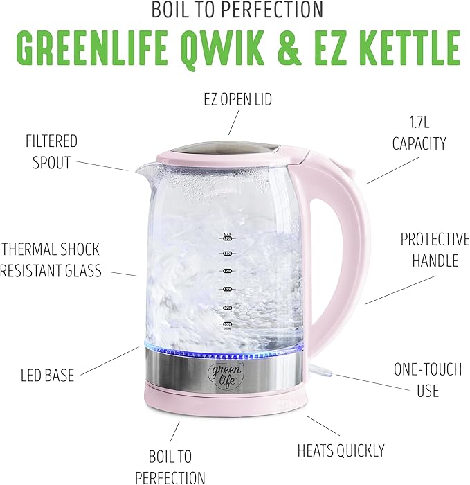 GreenLife 1.7 Liter Glass Electric Kettle, Easy One Touch Use, Quick Heating, Filtered Spout, LED Base, Auto Shut-Off, Cordless Serving, Coffee and Tea, Pink