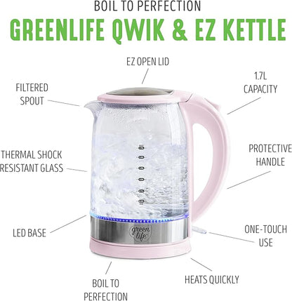 GreenLife 1.7 Liter Glass Electric Kettle, Easy One Touch Use, Quick Heating, Filtered Spout, LED Base, Auto Shut-Off, Cordless Serving, Coffee and Tea, Pink