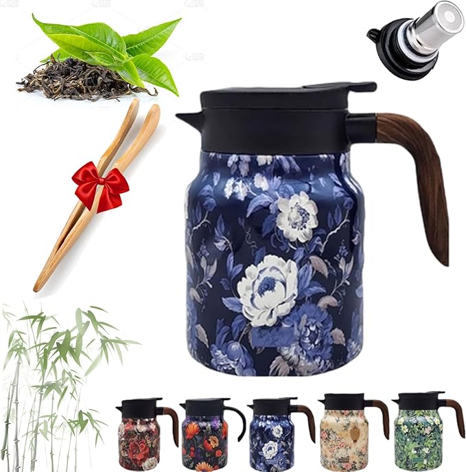 Infinite Tea Pot with Infuser, 316 Stainless Steel Infinite Vintage Floral Pattern Teapot Built-In Infuser, One-Handed Pour, Detachable Infinity Tea Pot Kettle for loose tea (Blue wood, 35Oz)