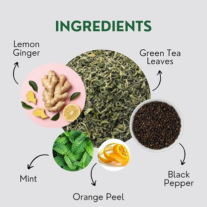 Lemon Ginger Green Tea Bags (50 Count), Green Tea with Orange Peel, Black Pepper & Mint Extract, Caffeinated, Real and Natural Green Tea, Blended with Fresh Herbs and Spices, Gluten Free