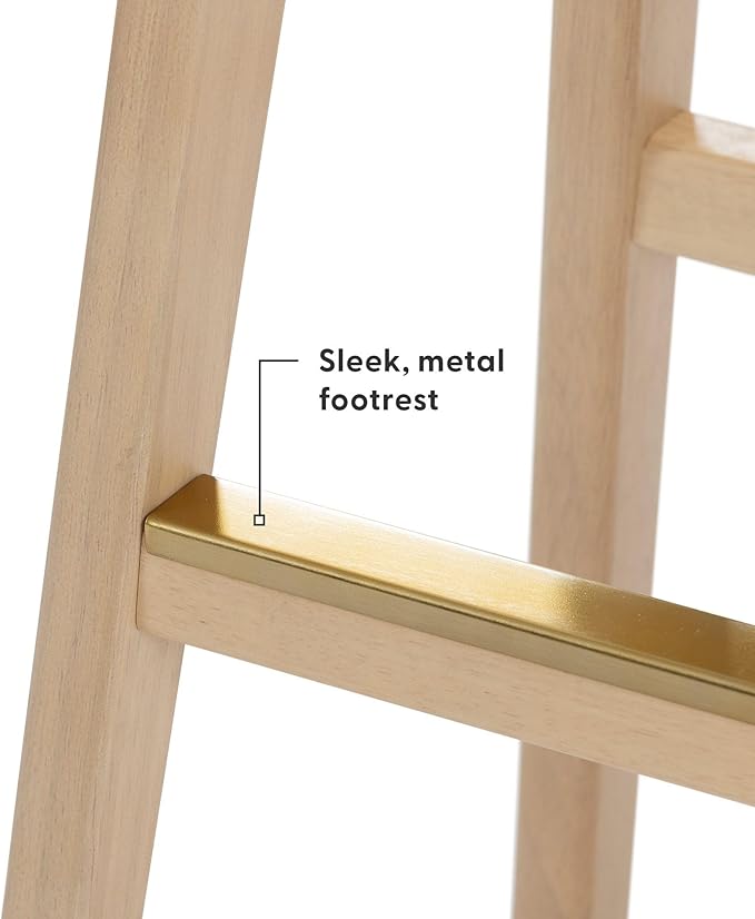 Plank+Beam Beryl Bar Height Stool - Mid-Century Modern Rubberwood Bar Stool with Faux Leather Seat, Metal Footrest, Easy Assembly, 2-Pack, Blonde/Sesame