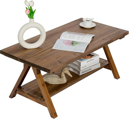 Solid Wood Coffee Table - 42.5” Firwood Farmhouse Rustic Wooden Coffee Tables for Living Room, Solid Firwood Rectangle Coffee Table, Center Table for Living Room, Brown