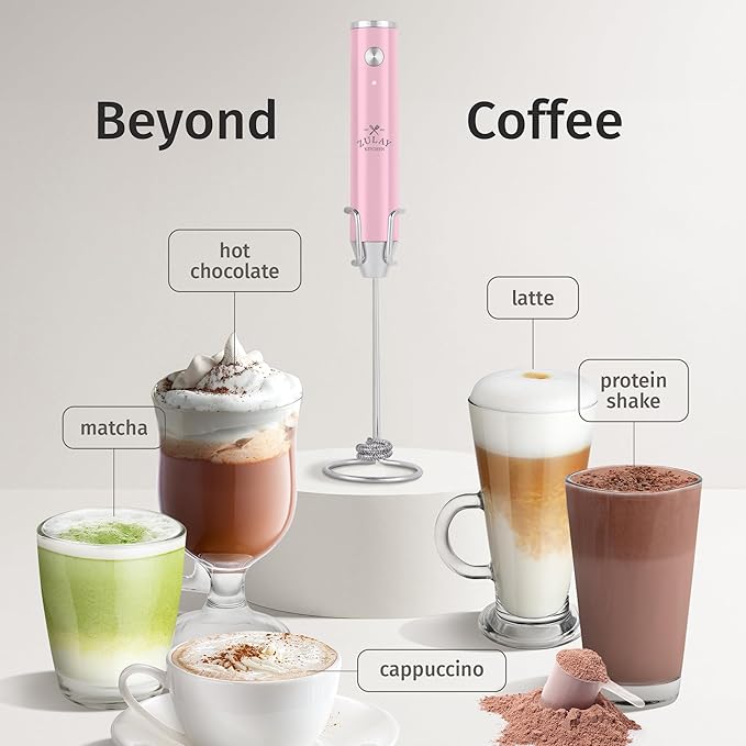 Zulay Kitchen Lux Rechargeable Milk Frother Handheld - Powerful 2-Speed Motor, Fully Waterproof, 2000mAh Battery - Drink Mixer For Latte, Cappuccino, Matcha, Protein Powder - Pink