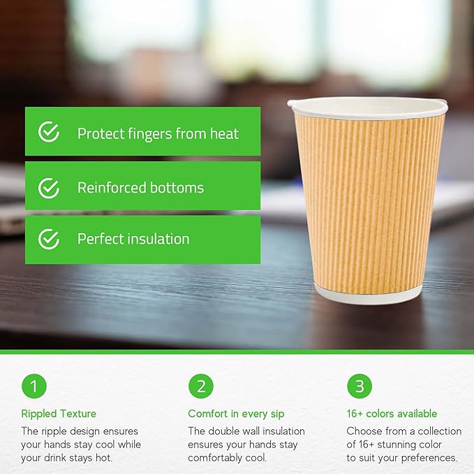 500-CT Disposable Kraft 12-OZ Hot Beverage Cups with Ripple Wall Design: No Need for Sleeves - Perfect for Cafes - Eco-Friendly Recyclable Paper - Insulated - Wholesale Takeout Coffee Cup