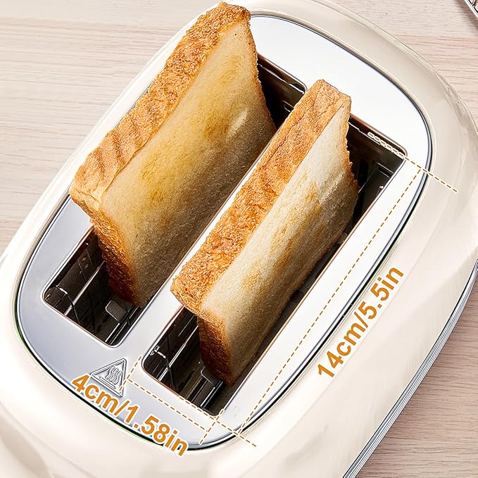 Beige Cute Retro Toaster 2 Slice with 1.58" Wide Slots, Bread toaster with Cover and Warm Rack, Stainless Steel Toaster with Removable Crumb Tray, Preheat, Defrost, Cancel Function (Cream)