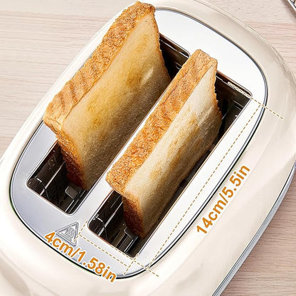 Beige Cute Retro Toaster 2 Slice with 1.58" Wide Slots, Bread toaster with Cover and Warm Rack, Stainless Steel Toaster with Removable Crumb Tray, Preheat, Defrost, Cancel Function (Cream)